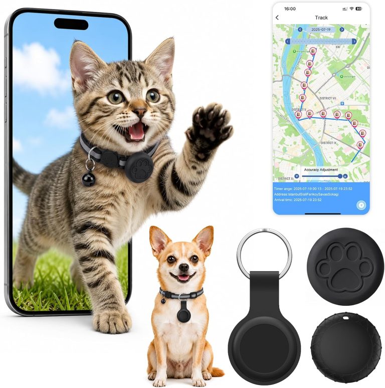 Traceur GPS Chat, Collier GPS Chat Chien, Intelligent de La Localisation en Temps, sans Abonnement/Carte SIM, Compatible iOS et Android, Étanchéité IPX6